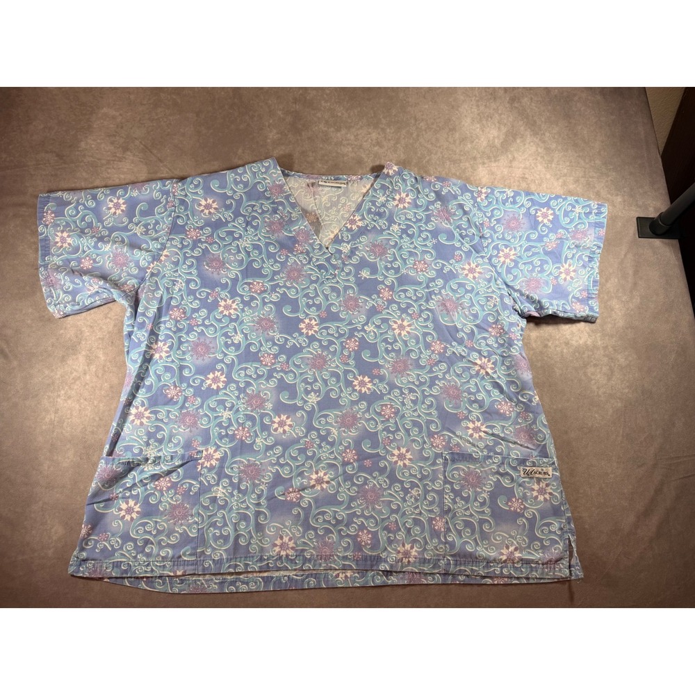 UA Scrubs Womens XL V-Neck Top Blue Purple Snowflake Floral Swirl Print Pockets